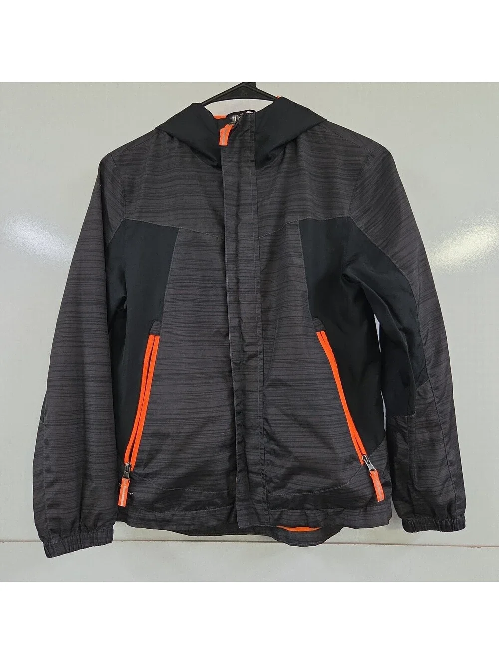 Boys Light Jacket Black Gray Hooded Full Zip With Pockets Size Medium M 8 10
